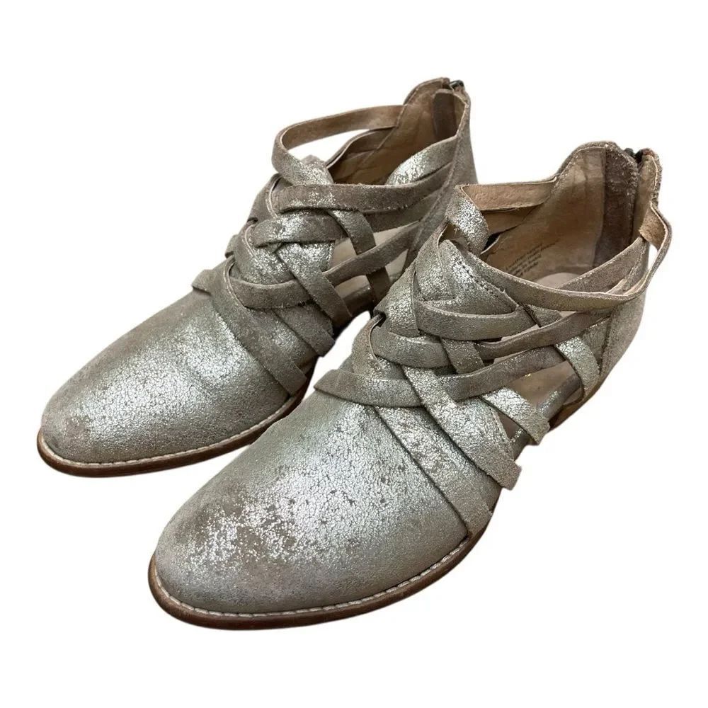 Seychelles Silver Metallic Strappy Leather Ankle Boots Size 6.5